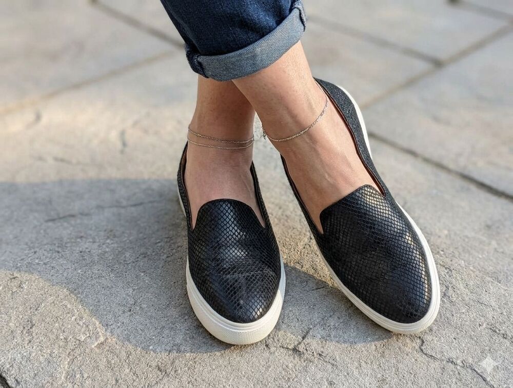Franco Sarto Mitchell Women's Slip On Sneakers 9.5M Black Snakeskin Loafer Shoes